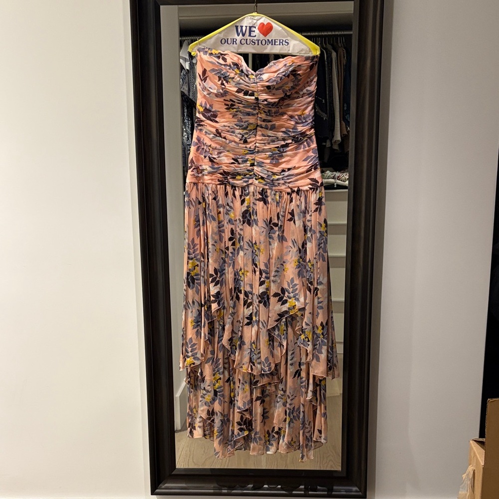 Cinq à Sept Floral Strapless High-Low Dress in Pink and Yellow